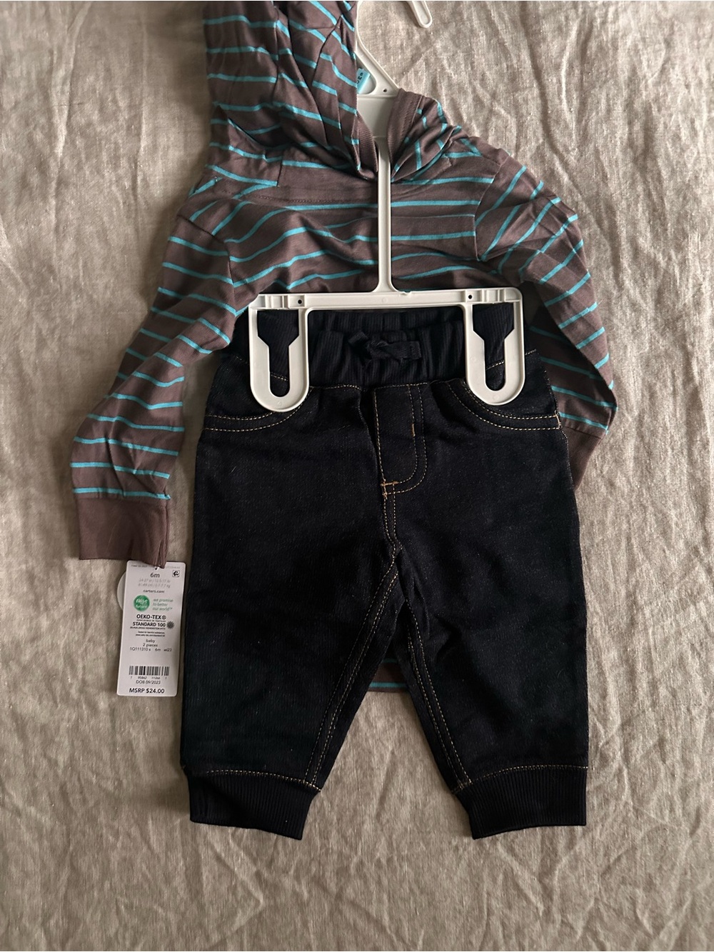 Carter's Brown with Aqua Striped Hooded Bodysuit and Dark Denim Pants - Picture 3 of 4
